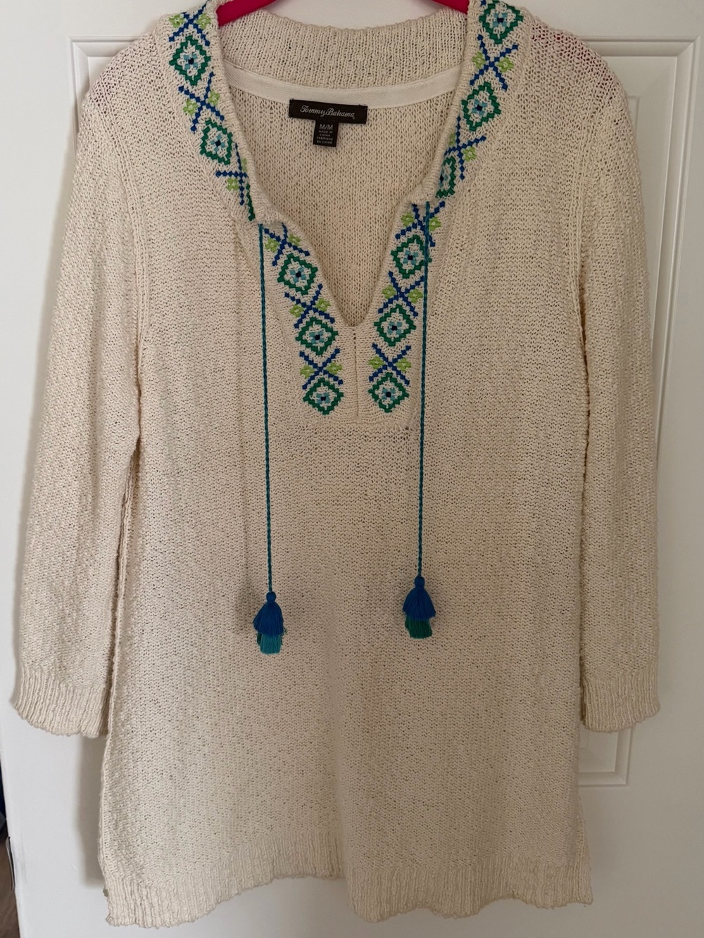 Tommy Bahama Cream Knit Tunic with Blue & Green Tassel Embroidery